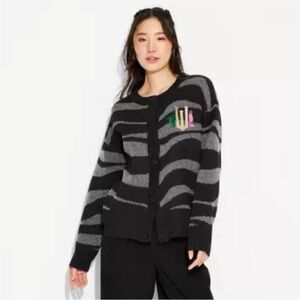 Wicked Graphic Black/Gray Zebra Stripe Button Cardigan Paul Tazewell Women's XXS